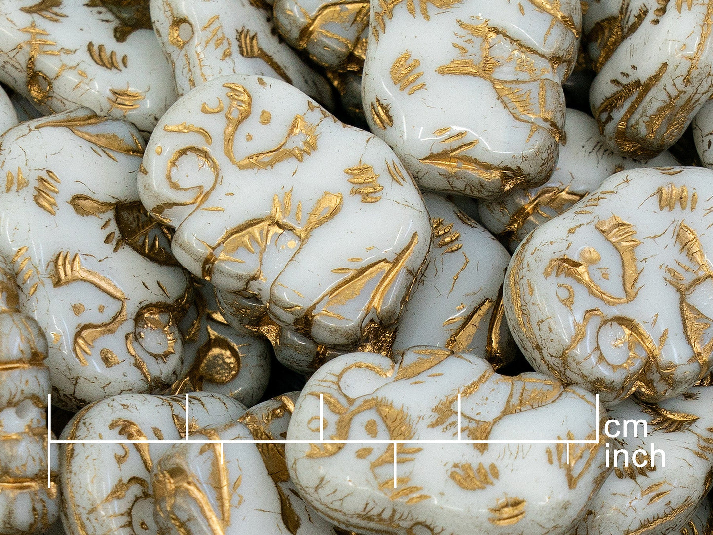 OUTLET 10 grams Pressed Beads Elephants, 16 x 23 mm, Chalk White Gold Lined (03000-54202), Glass, Czech Republic