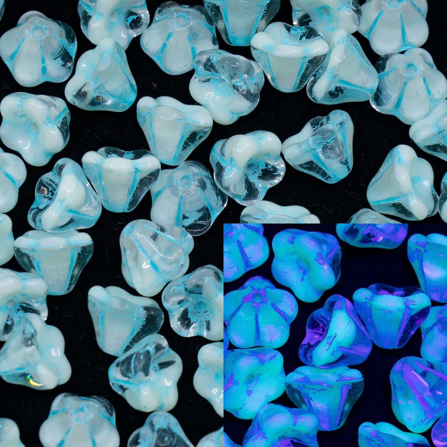 OUTLET 250g/50g Bell Flower Beads, 6 x 8 mm, 86018 Light Blue Lined (86018-54308), Glass, Czech Republic