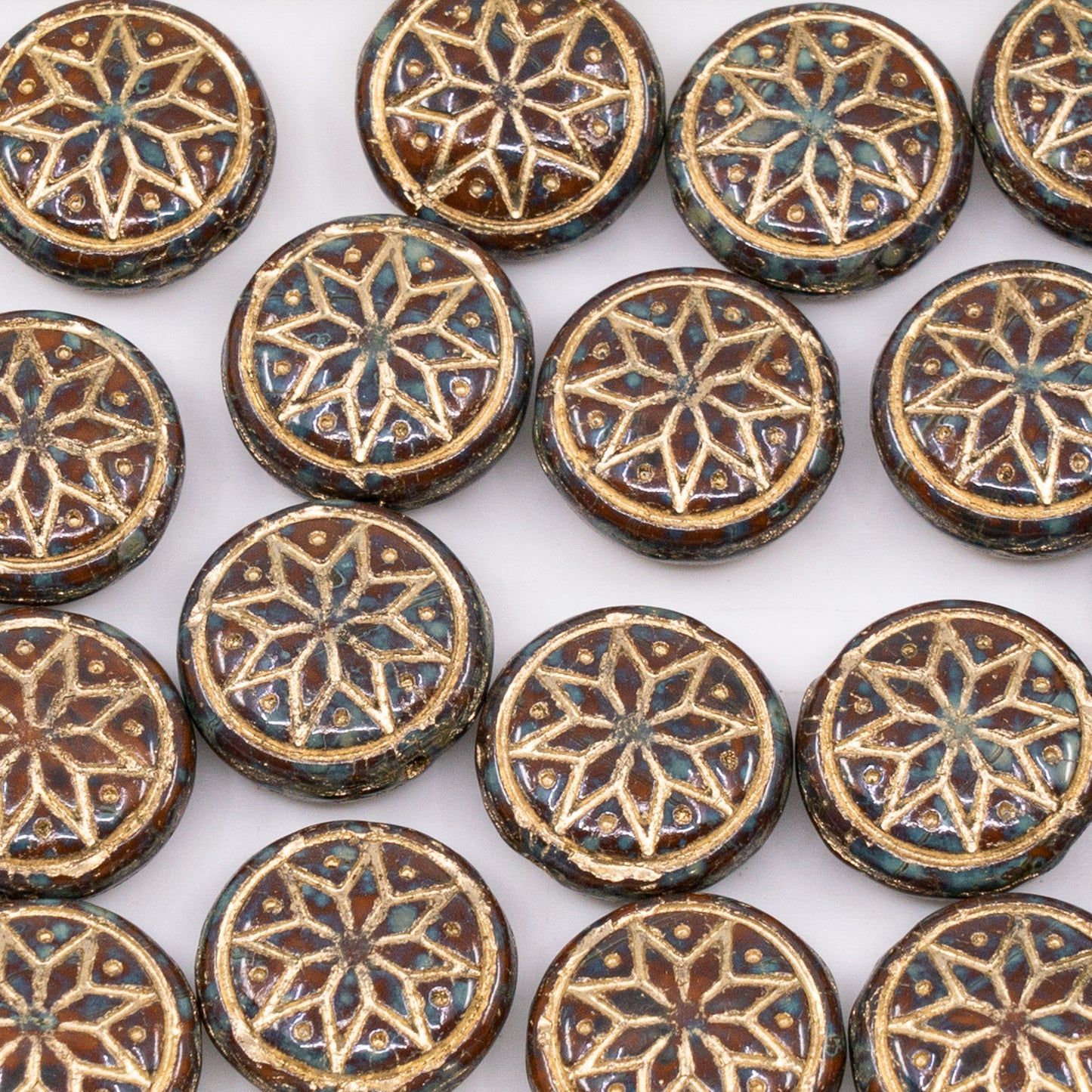 OUTLET 50 grams Pressed Round Beads with Star Ornament, 13 x 13 mm, Opaque Brown Travertin Gold Lined (13600-86800-54302), Glass, Czech Republic