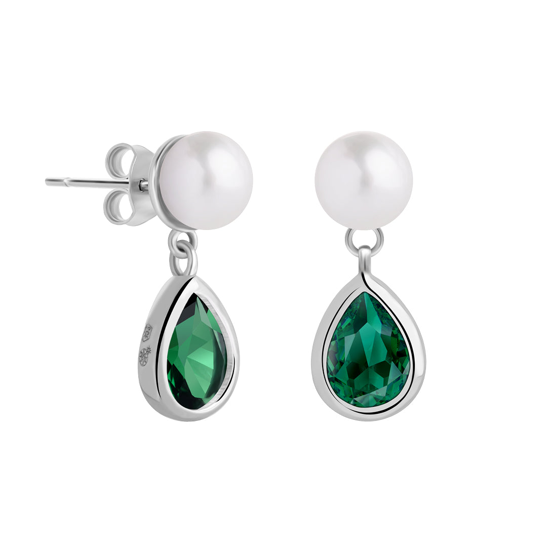 Earrings Pure Pearl Silver Ag-925 Rhodium Plated Jewelry, Cubic Zirconia Preciosa, natural Mother of Pearl, Czech Bohemia PRECIOSA BEAUTY Jewelry, Green