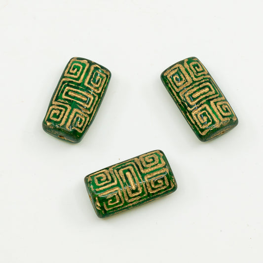 アウトレット 10グラム プレスビーズ、21 x 13 mm、透明グリーンエメラルドゴールドライン（50720-54302）、ガラス、チェコ共和国