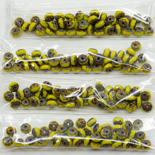 OUTLET 10 grams Faceted Rondelle Fire Polished Beads, 5 x 7 mm, Opaque Green Travertin (53400-86800), Glass, Czech Republic