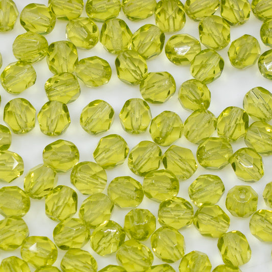 OUTLET 250g/50g Faceted Round Fire Polished Beads, 6 x 6 mm, Transparent Green (50200), Glass, Czech Republic