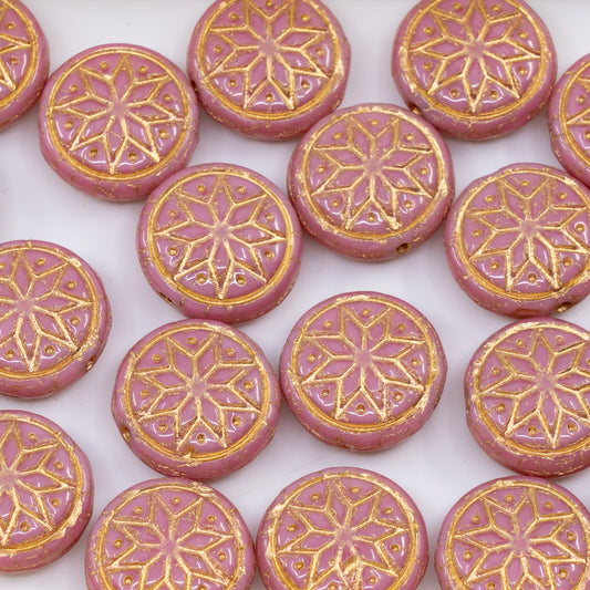 OUTLET 250g/50g Ressed Round Beads With Star Ornament, 13 x 13 mm, Opaque Pink Gold Lined (74010-54302), Glass, Czech Republic