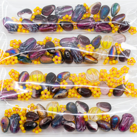 OUTLET 10 grams Glass Bead Mix By Kids, size mix, Yellow Purple Drop (yellow-purple-drop), Glass, Czech Republic