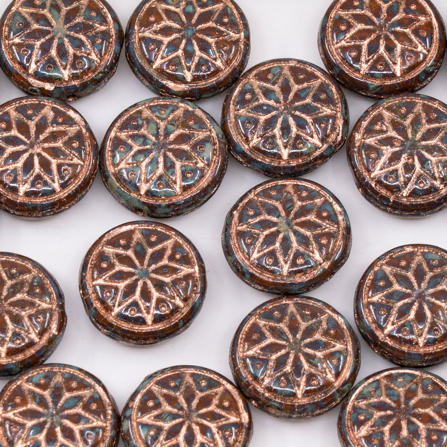 OUTLET 50 grams Pressed Round Beads with Star Ornament, 13 x 13 mm, Opaque Brown Travertin Copper Lined (13600-86800-54307), Glass, Czech Republic