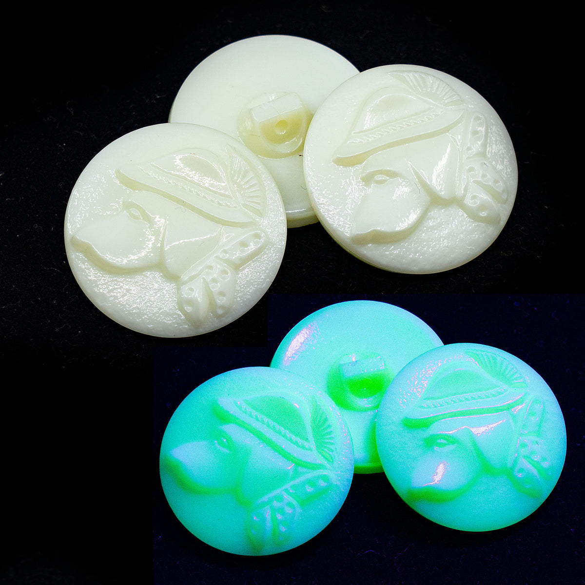 OUTLET 1 pcs Czech Glass Handmade Button, s10, Yellow Uranium Dog, Glass, Czech Republic