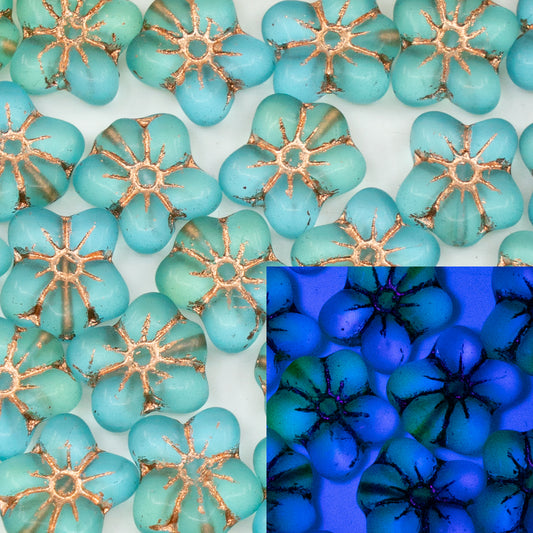 OUTLET 10g Flower Pressed Glass Beads, 14 x 12 mm, Mix Yellow Blue Matte Copper Lined (87301-84100-54200), Glass, Czech Republic