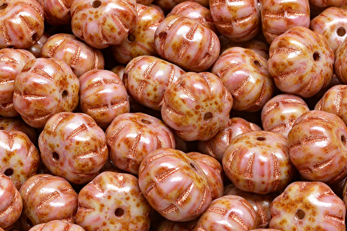 Pumpkin Beads, White Red Travertin Copper Lined (R2932-86800-54307), Glass, Czech Republic