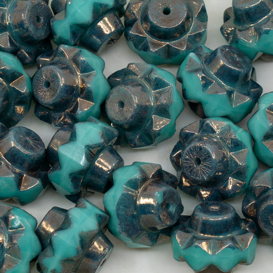 アウトレット 10グラム ファセットスペシャルカットビーズ、13 x 15 mm、ターコイズブロンズ（63120-14415）、ガラス、チェコ共和国