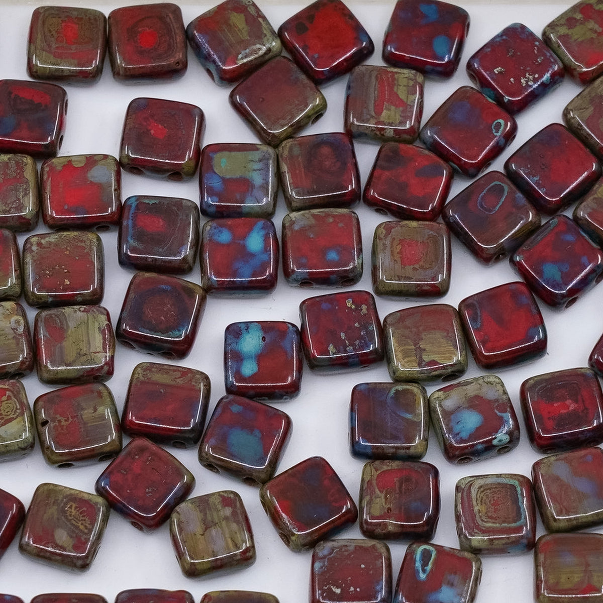 OUTLET 250g/50g 2-Holes Pressed Tile Beads, 6 x 6 mm, Opaque Red Travertin (93200-86800), Glass, Czech Republic