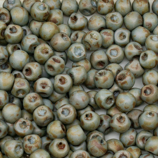 OUTLET 250g Mushroom Button Beads, 6 x 6 mm, White Matte Stain With Luster Blue (02010-84100-65431), Glass, Czech Republic