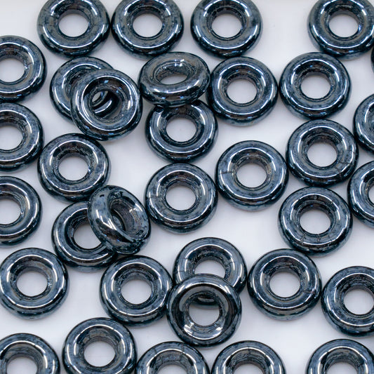 OUTLET 250g/50g Fish Ring Pressed Glass Beads (Like O-Bead Or Demi Round), 10 x 10 mm, Black Hematite (23980-14400), Glass, Czech Republic