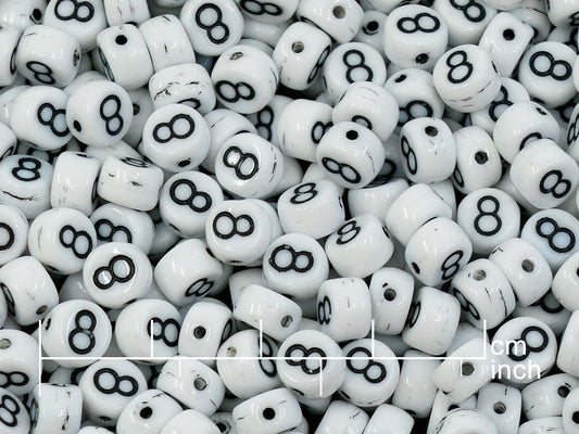 OUTLET 250g Pressed Czech Glass Letter Number Beads, 6 x 6 mm, (8), White Black Lined, Glass, Czech Republic