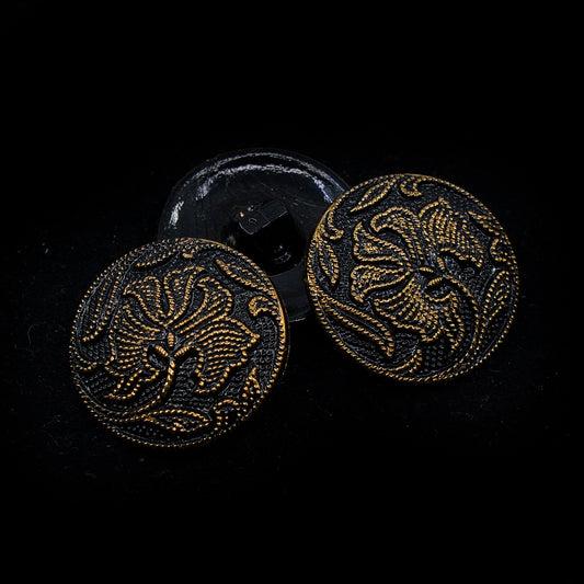 OUTLET 1 pcs Czech Glass Handmade Button, s10, Black Flower Gold, Glass, Czech Republic