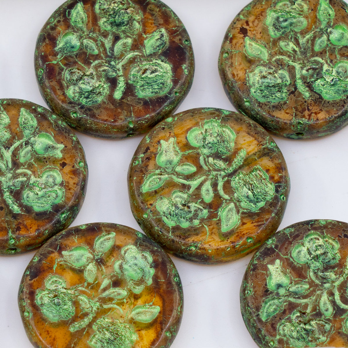 OUTLET 250g/50g Floral Coin Beads, 23 x 23 mm, Crystal Travertin Green (00030-86800-43813), Glass, Czech Republic