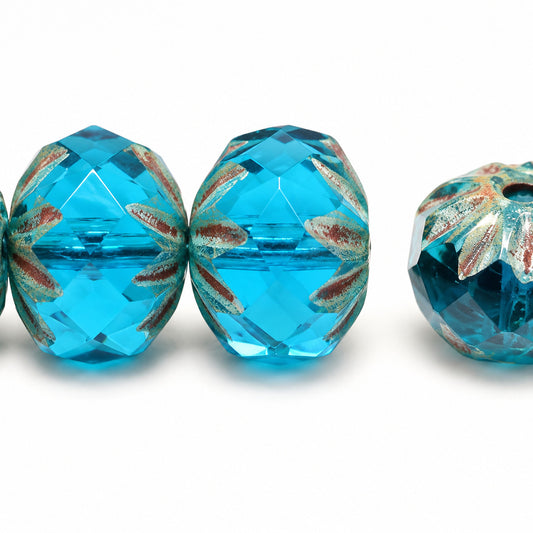 Special Cut Faceted Fire Polished Beads, Transparent Aqua Stain Strong (60050-86805), Glass, Czech Republic