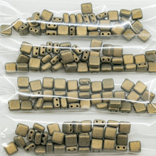 OUTLET 10 grams 2-Holes Pressed Tile Beads, 6 x 6 mm, Dusty Gold (dusty-gold), Glass, Czech Republic