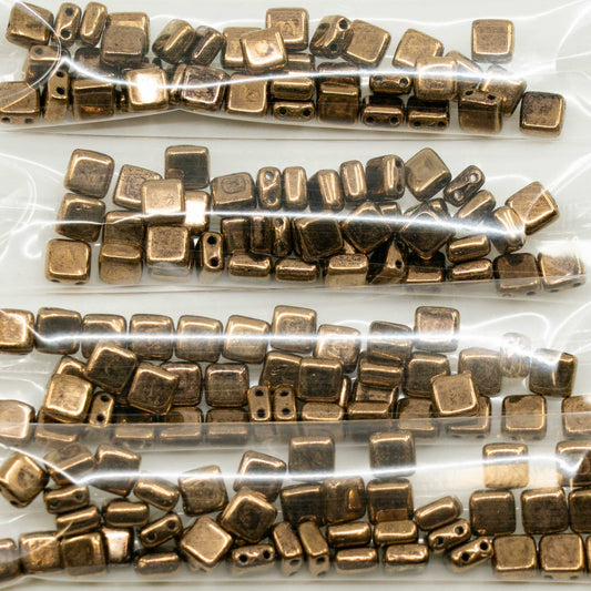 OUTLET 10 克 2 孔压制瓷砖珠，6 x 6 毫米，黑黄铜 (23980-90215)，玻璃，捷克共和国