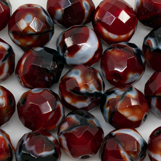 OUTLET 50g Faceted Round Fire Polished Beads, 14 x 14 mm, Striped Dark Red (26907), Glass, Czech Republic