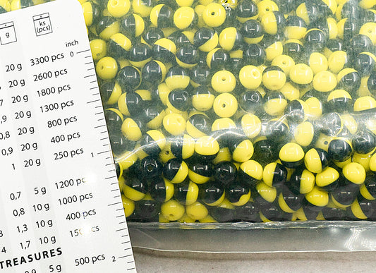 OUTLET 250g Round Pressed Druck Beads pokeball, 6 x 6 mm, Bright Yellow Black (831300-23980), Glass, Czech Republic