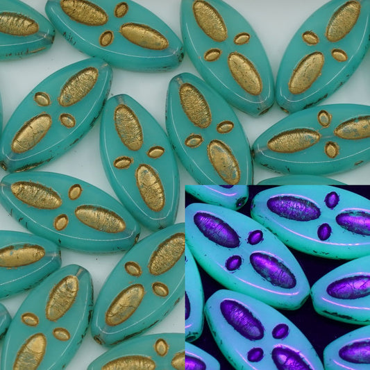 OUTLET 250g/50g Ship Eye Oval Beads, 20 x 9 mm, Opal Aqua Gold Lined (61100-54302), Glass, Czech Republic