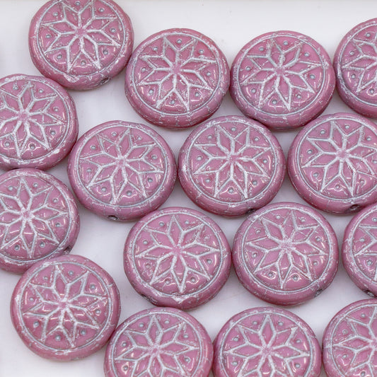 OUTLET 250g/50g Ressed Round Beads With Star Ornament, 13 x 13 mm, Opaque Pink Silver Lined (74010-54301), Glass, Czech Republic