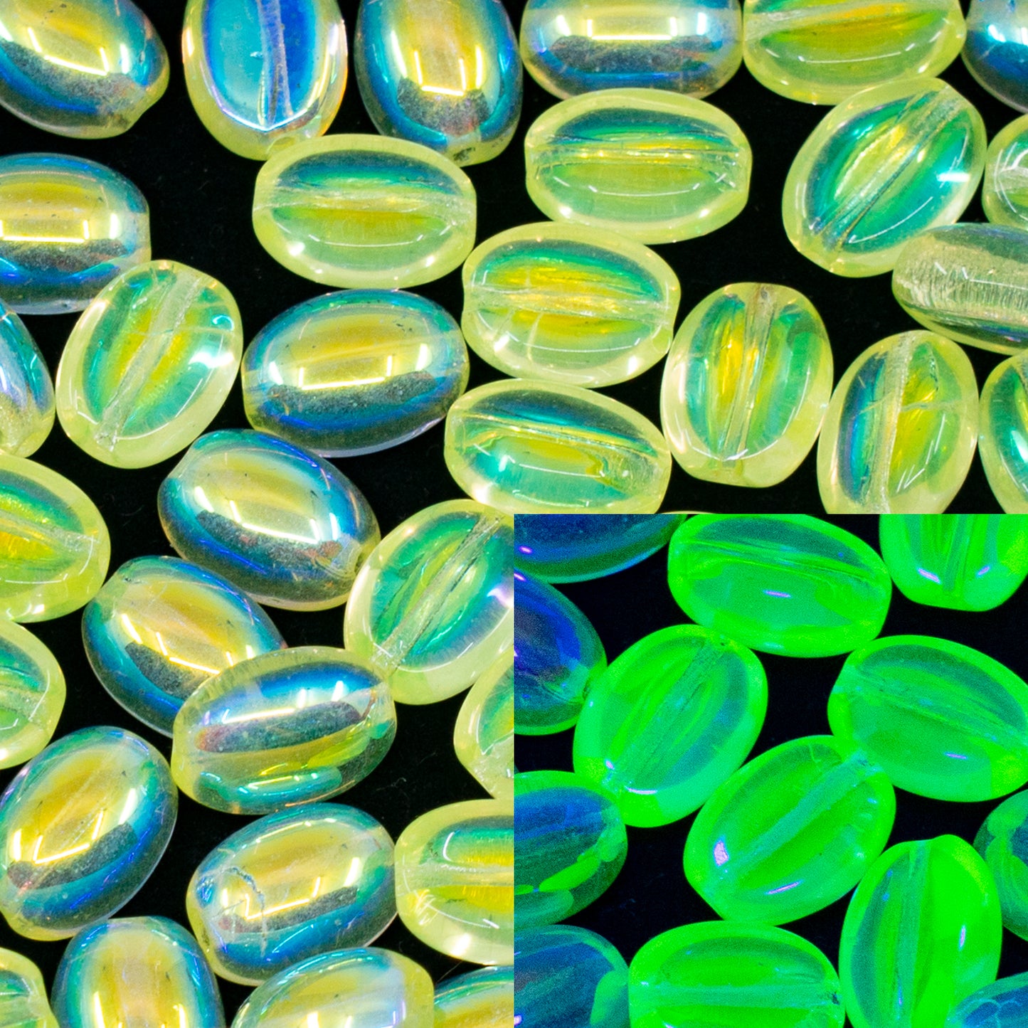 OUTLET 250g/50g Coffee Bean Beads, 11 x 8 mm, Transparent Yellow Ab (80130-28701), Glass, Czech Republic