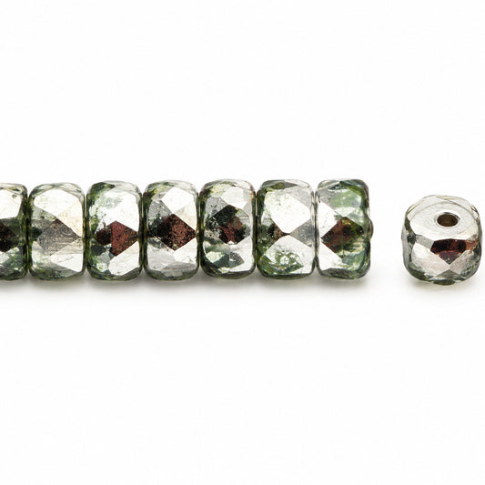 Faceted Special Cut Beads Rondelle, Transparent Green Crystal Silver Half Coating (50520-27001), Glass, Czech Republic