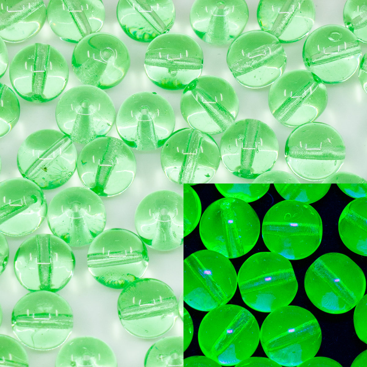 OUTLET 10 g Round Druck Beads, 8 x 8 mm, Transparent Green (50800), Glass, Czech Republic