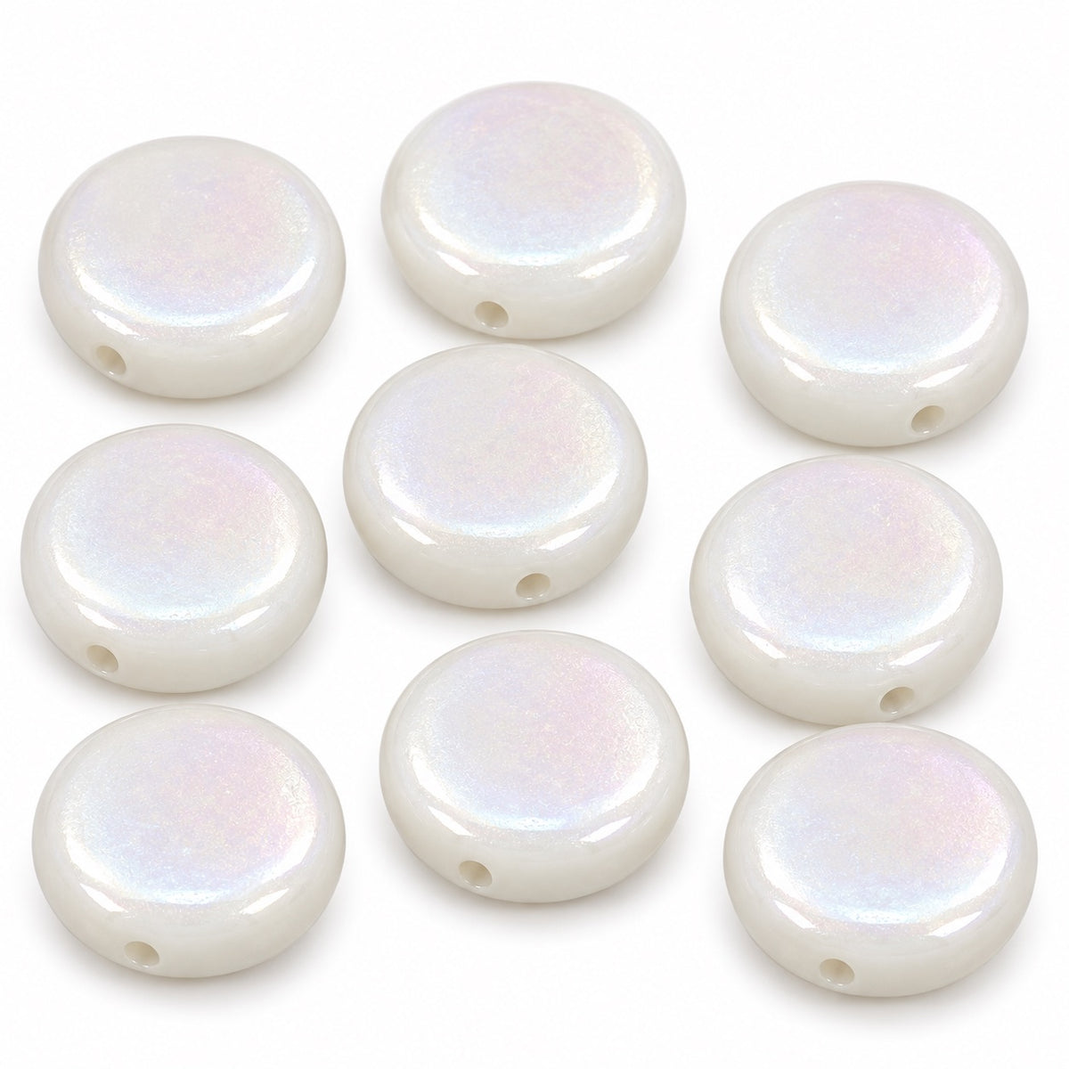 Flat Round Coin Beads, Chalk White Ab (03000-28701), Glass, Czech Republic