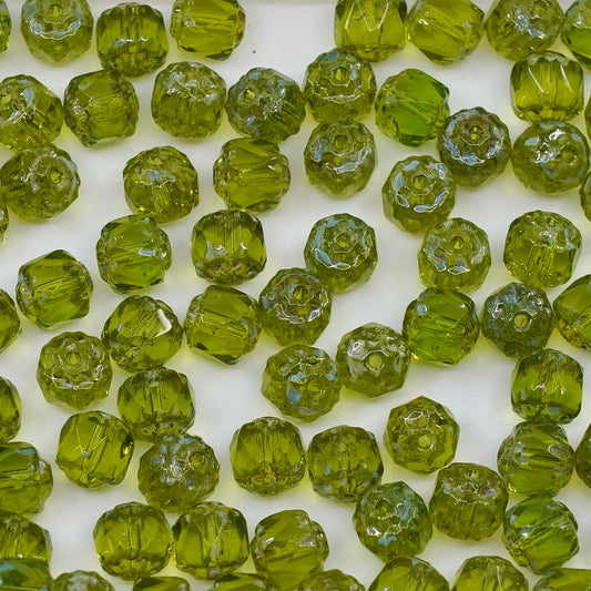 OUTLET 250g/50g Cathedral Faceted Fire Polished Beads, 6 x 6 mm, Transparent Green 36800 (50230-36800), Glass, Czech Republic