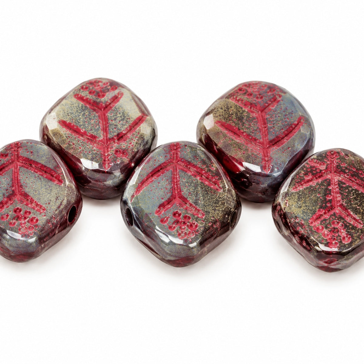 Small Leaf Pressed Beads, X2390 Red Lined (x2390-46490), Glass, Czech Republic