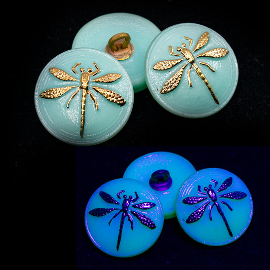 OUTLET 1 pcs Czech Glass Handmade Button, s8, Green Uranium Dragonfly Gold, Glass, Czech Republic
