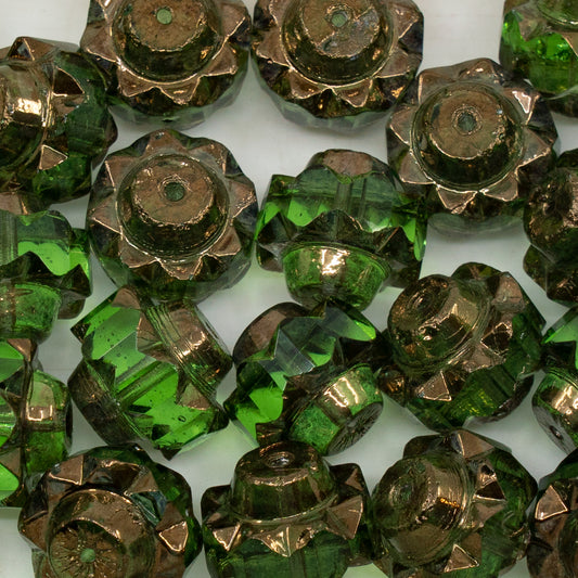 アウトレット 10グラム ファセットスペシャルカットビーズ、13 x 15 mm、透明グリーンブロンズ（50510-14415）、ガラス、チェコ共和国
