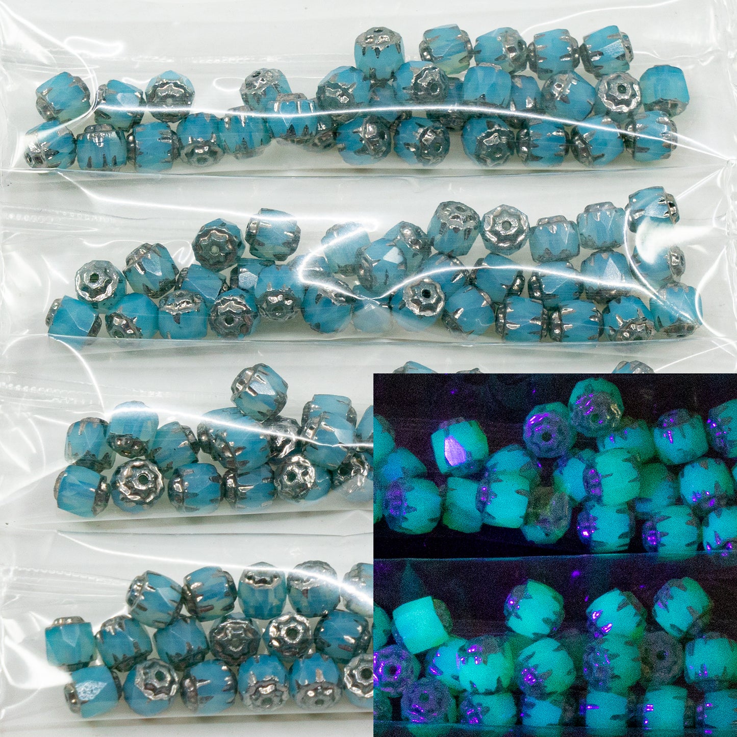 OUTLET 10 grams Faceted Fire Polished Lanthern Cathedral Beads, 6 x 6 mm, Opal Aqua Silver (61010-silver), Glass, Czech Republic