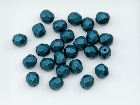 Facted Fire Polish Round Beads Pastel Petrol (25033), Glass, Czech Republic