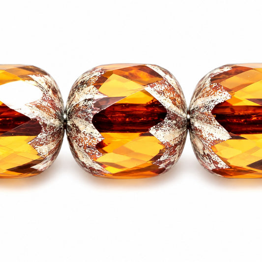 Faceted Fire Polished Beads Special Cut, Transparent Orange Antique Silver Patina (10060-81002), Glass, Czech Republic