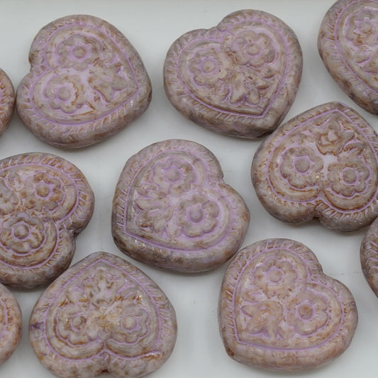 OUTLET 250g/50g Heart With Folklore Flowers Beads, 17 x 17 mm, White Travertin Cold Purple Spotted (02010-86800-33305), Glass, Czech Republic