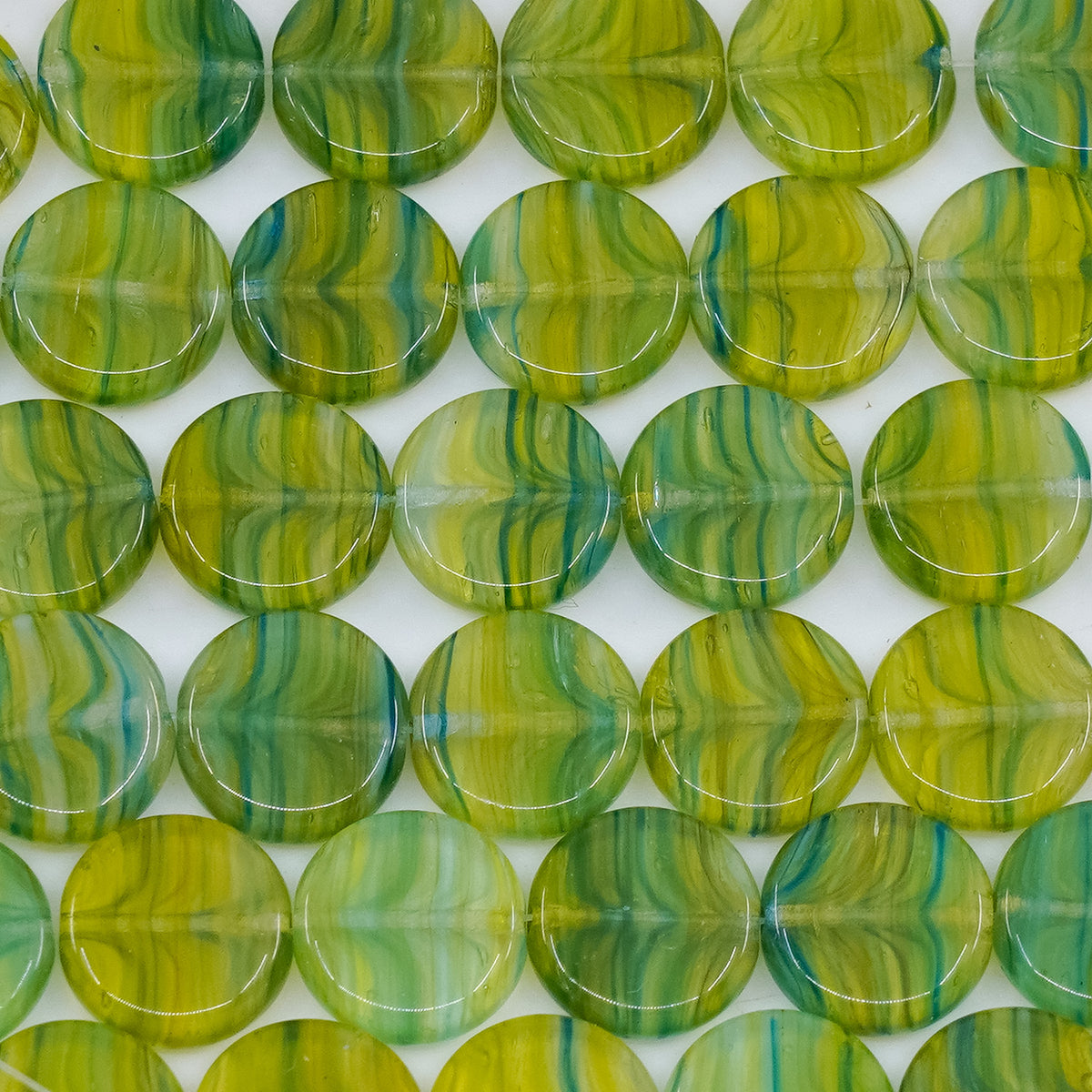 OUTLET  grams Coin Beads, 10 x 10 mm, Yel Blu Stripe (yel-blu-stripe), Glass, Czech Republic