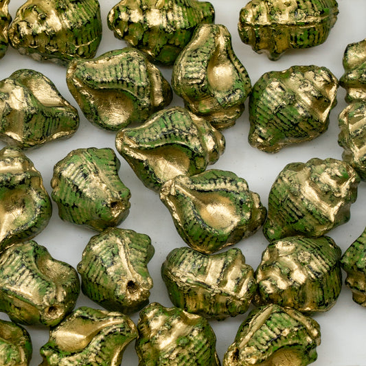 OUTLET 10 grams Murex Shell Beads, 15 x 12 mm, Green Gold Lined, Glass, Czech Republic