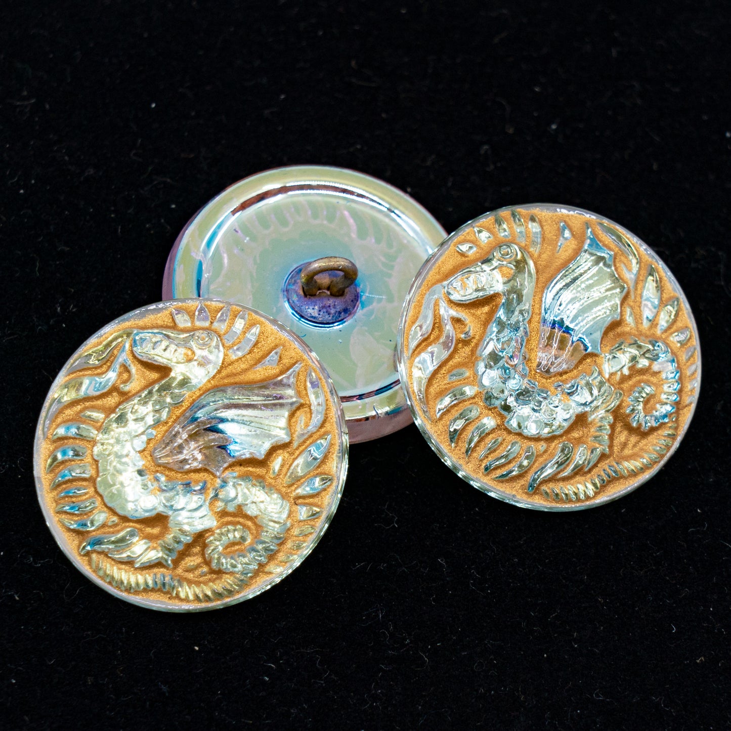 OUTLET 1 pcs Czech Glass Handmade Button, s10 x 22 mm, Dragon Ab Gold (dragon-AB-gold), Glass, Czech Republic