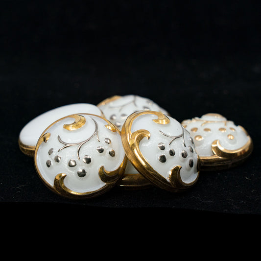 OUTLET 1pc Czech Glass Handmade Button, Size 10 (22.5 mm), Floral Design - White Gold Berries