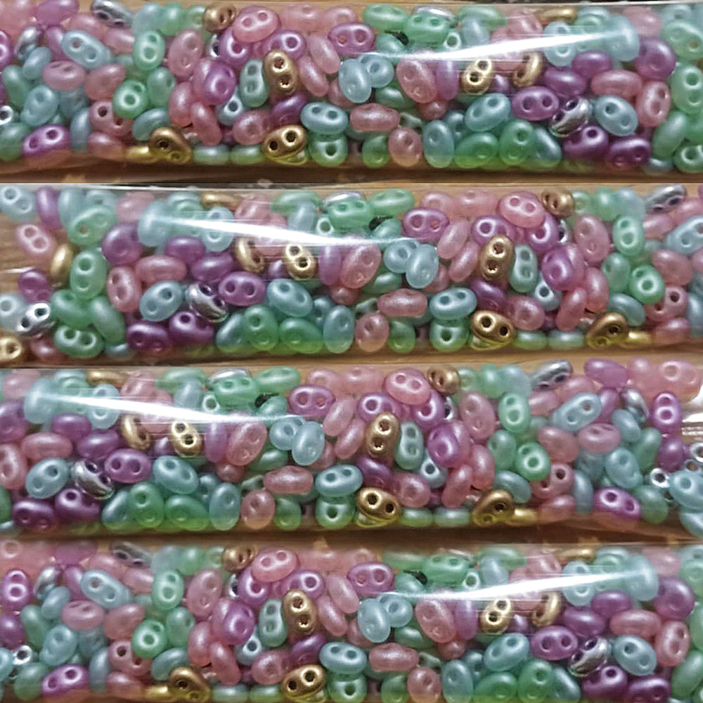 OUTLET 10 grams Preciosa Twin 2-Hole Seed Beads (Like Superduo), Round Hole, Loose, 2.5 x 5 mm, Crystal Mixed Colors Pastel Colors (00050-mix-pastel-colors), Glass, Czech Republic