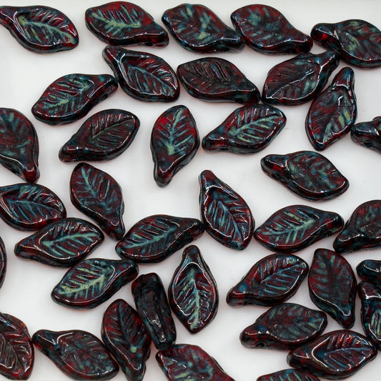 OUTLET 250g/50g Bay Leaf Beads, 6 x 12 mm, Ruby Red Travertin (90080-86800), Glass, Czech Republic