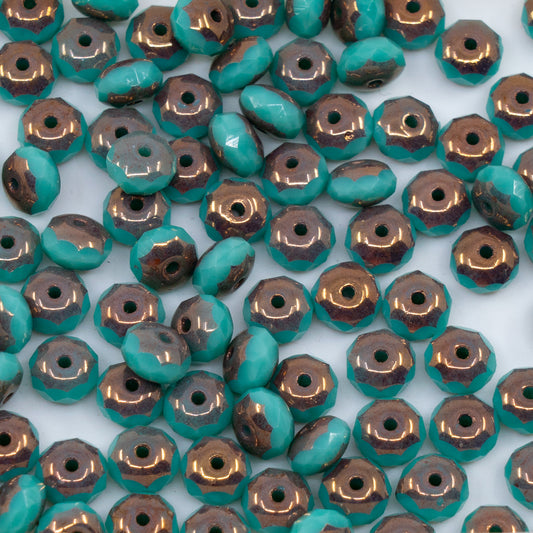 OUTLET 250g/50g Faceted Rondelle Fire Polished Beads, 5 x 7 mm, Turquoise Bronze (63130-14415), Glass, Czech Republic