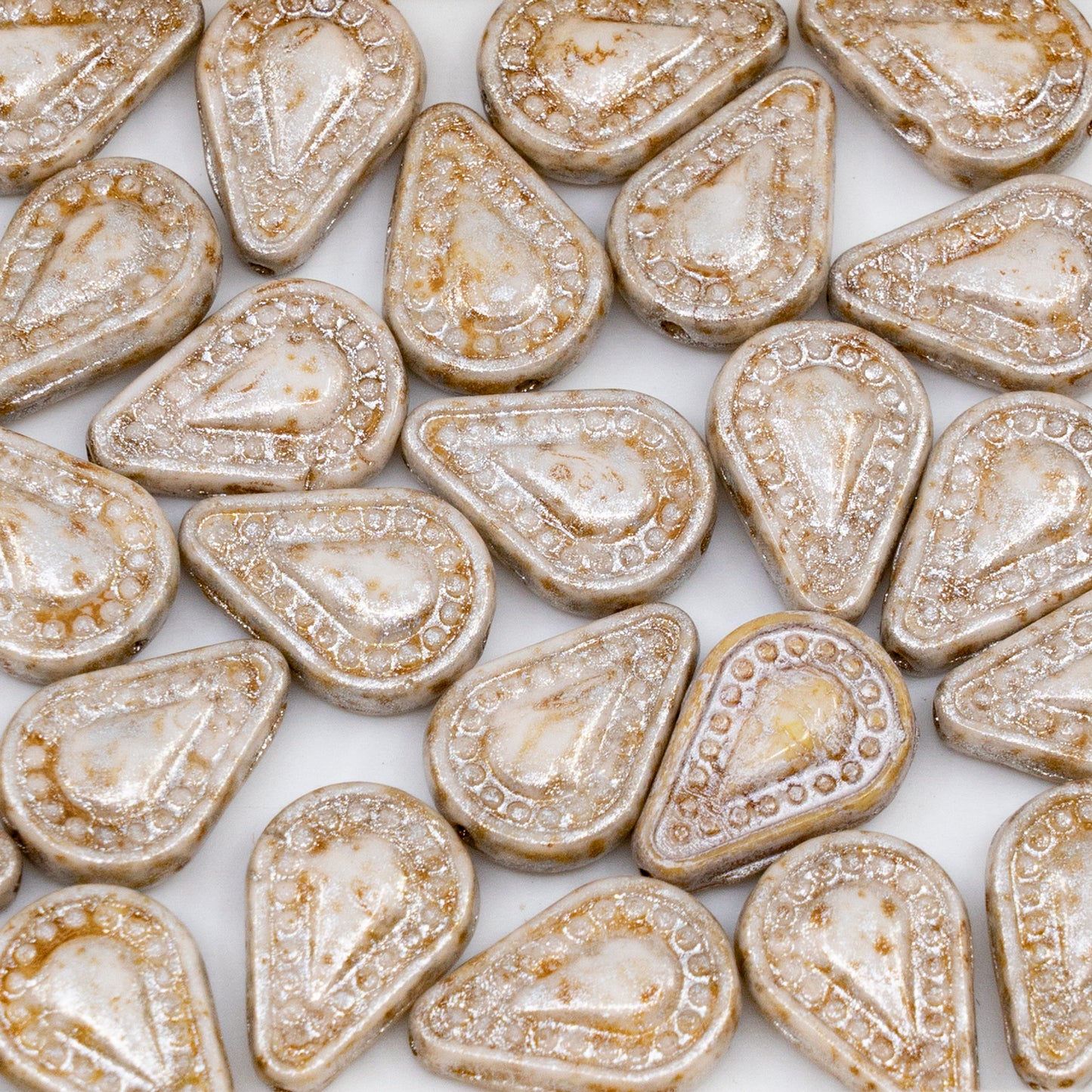 OUTLET 10 grams Pressed Beads, 14 x 10 mm, White Cream Luster Spotted (02010-65321), Glass, Czech Republic