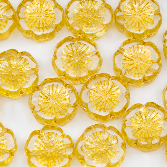 OUTLET 10 grams Table Cut Hawaii Flower Beads, 14 x 14 mm, Crystal Light Yellow Ab Full (2X Side) (00030-34302-28703), Glass, Czech Republic