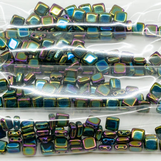 OUTLET 10 grams 2-Holes Pressed Tile Beads, 6 x 6 mm, Black Green Iris (23980-21455), Glass, Czech Republic