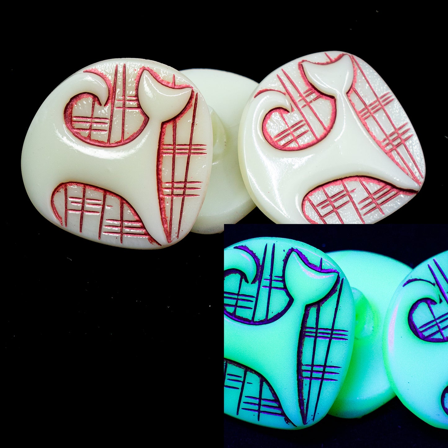 OUTLET 1 pcs Czech Glass Handmade Button, Size 8 (18 mm), Animal Design - Modern Cat (), Glass, Czech Republic